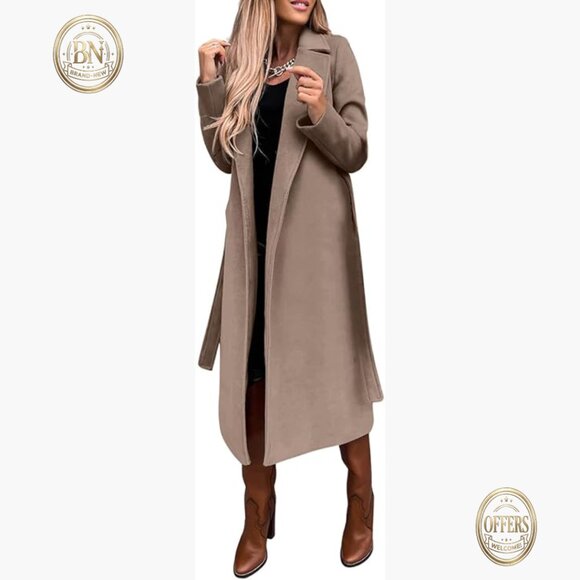 Long Wool Blend Pea Coat with Notched Collar and Belt